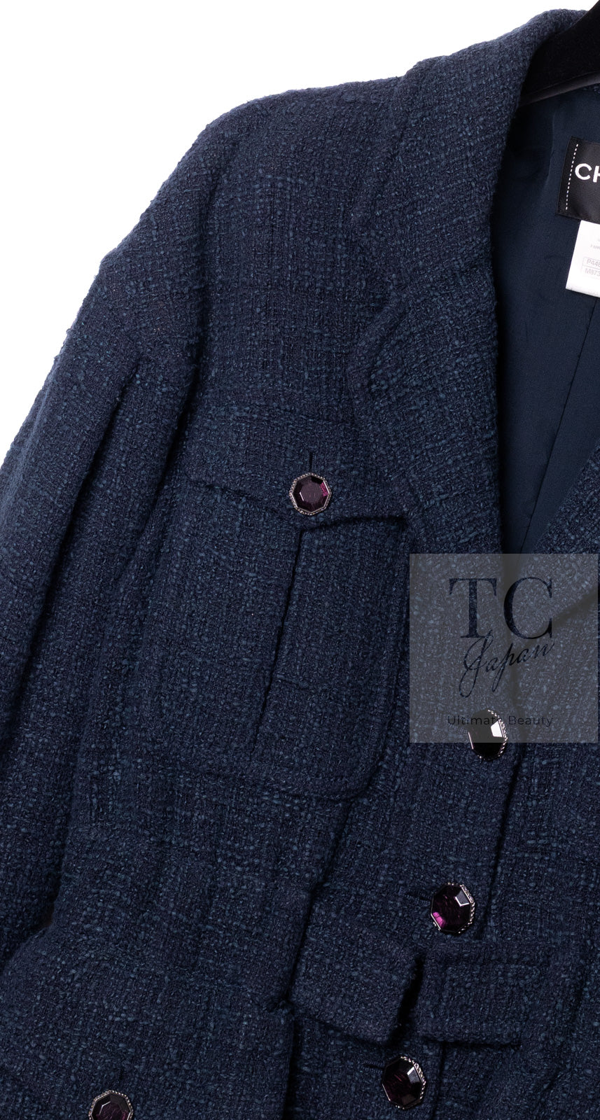 CHANEL 12A Dark Green Navy Tweed Jacket Skirt Suit 38 シャネル ダーク グリーン ネイビー ツイード ジャケット スカート スーツ 即発