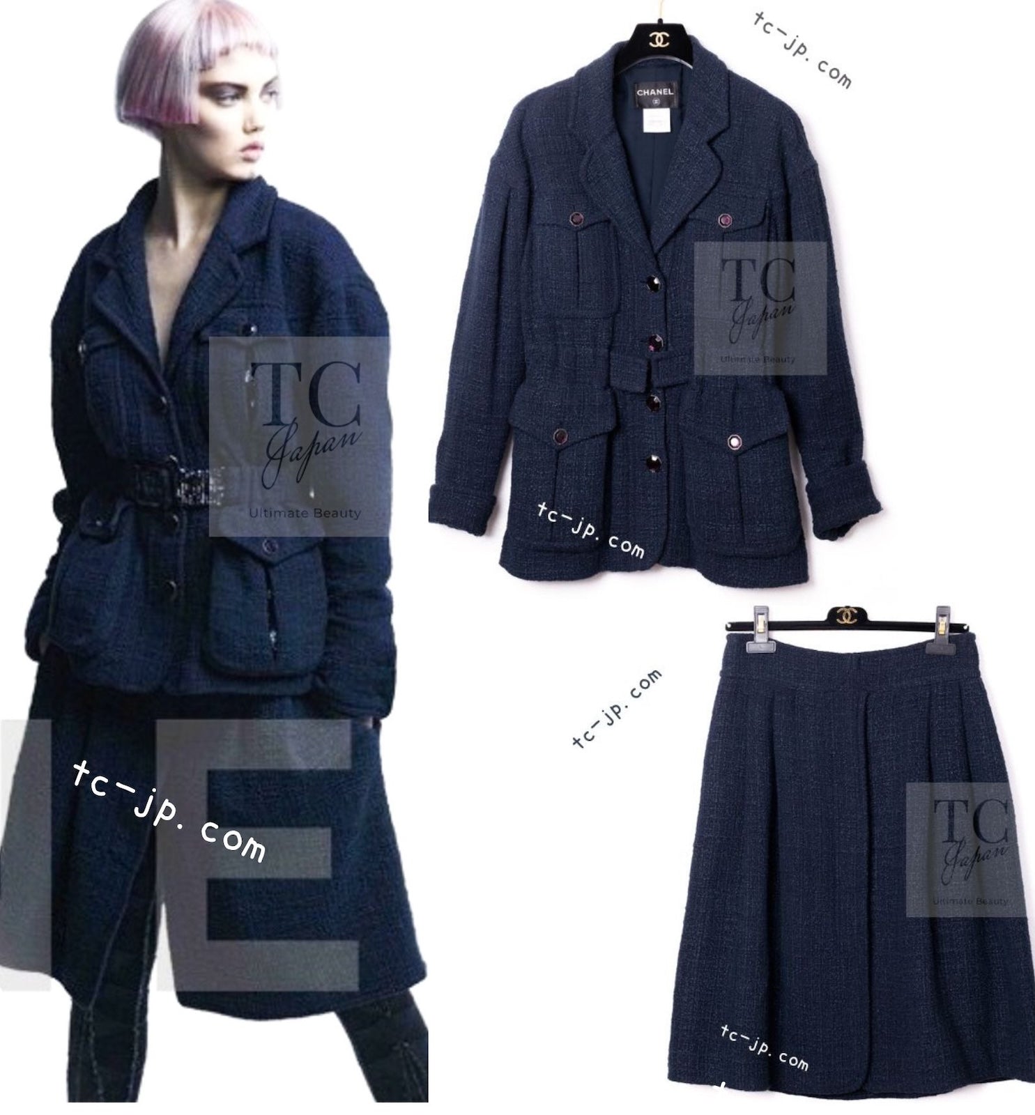 CHANEL 12A Dark Green Navy Tweed Jacket Skirt Suit 38 シャネル ダーク グリーン ネイビー ツイード ジャケット スカート スーツ 即発