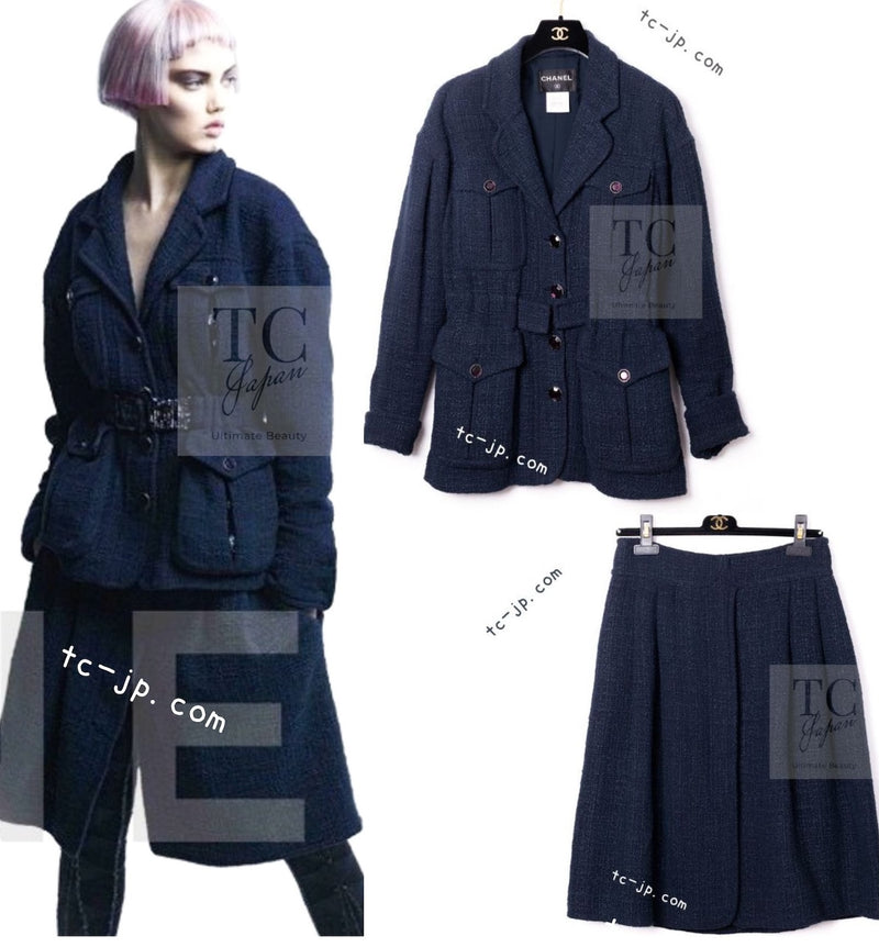 CHANEL 12A Dark Green Navy Tweed Jacket Skirt Suit 38 シャネル ダーク グリーン ネイビー ツイード ジャケット スカート スーツ 即発