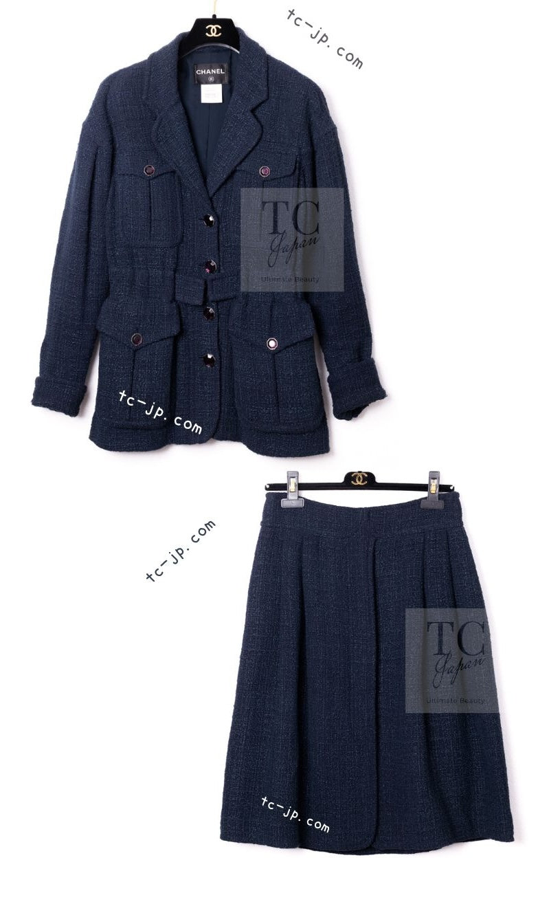 CHANEL 12A Dark Green Navy Tweed Jacket Skirt Suit 38 シャネル ダーク グリーン ネイビー ツイード ジャケット スカート スーツ 即発