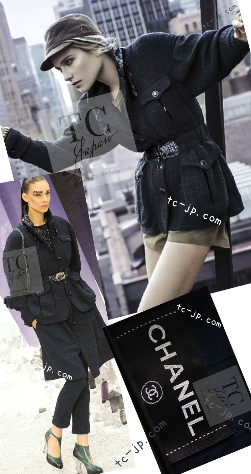 CHANEL 12A Dark Green Navy Tweed Jacket Skirt Suit 38 シャネル ダーク グリーン ネイビー ツイード ジャケット スカート スーツ 即発