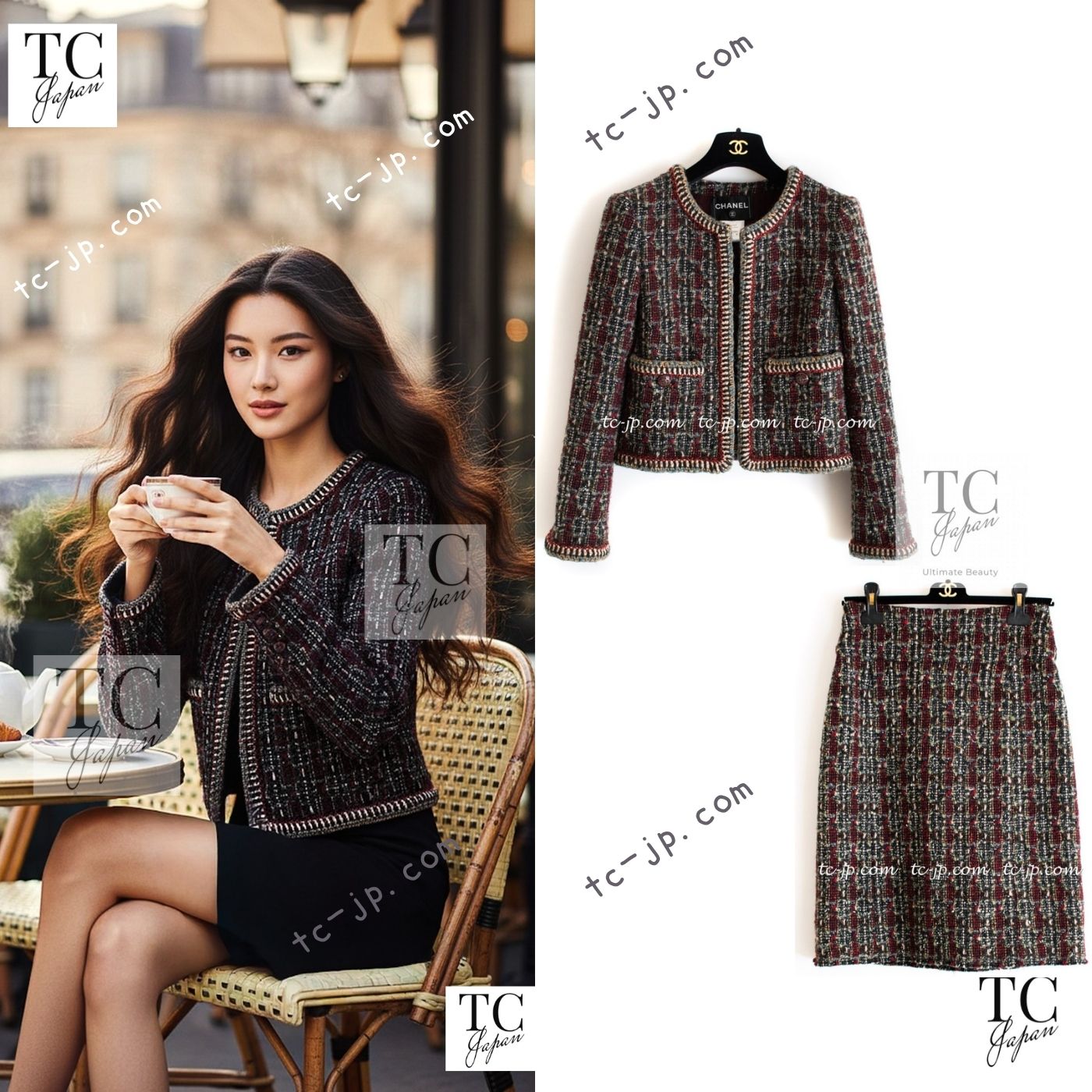 CHANEL 15A Maroon Wine Red Braid Trimming Wool Tweed Jacket Skirt Suit 42 44 シャネル ワインレッド ブレイドトリミング ウール ツイード ジャケット スカート スーツ 即発