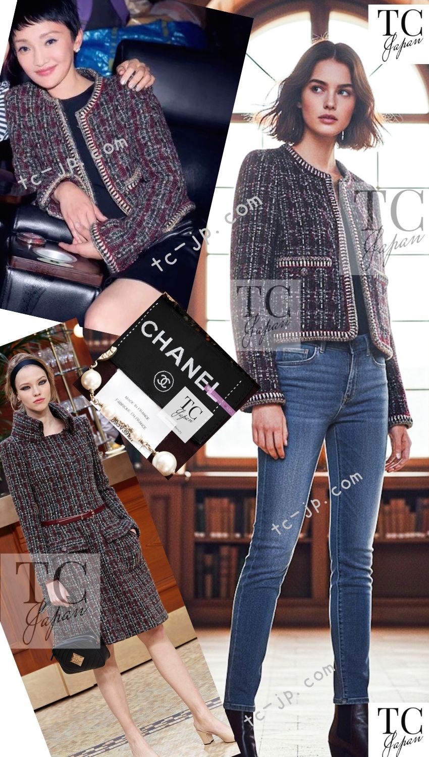 CHANEL 15A Maroon Wine Red Braid Trimming Wool Tweed Jacket Skirt Suit 42 44 シャネル ワインレッド ブレイドトリミング ウール ツイード ジャケット スカート スーツ 即発