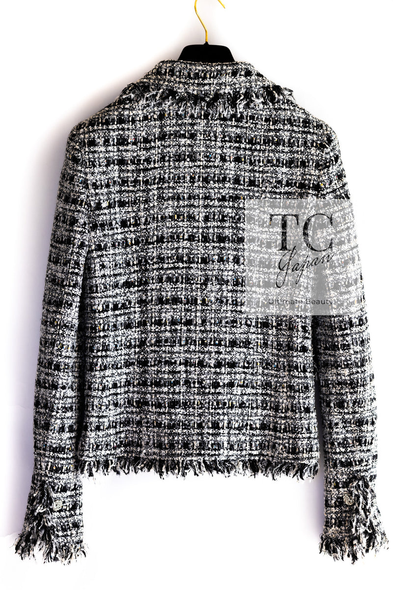 CHANEL 04S Black White Fringe Lesage Jacket Skirt Suit 38 シャネル ブラック ホワイト フリンジ ルサージュ ツイード ジャケット スカート スーツ 即発