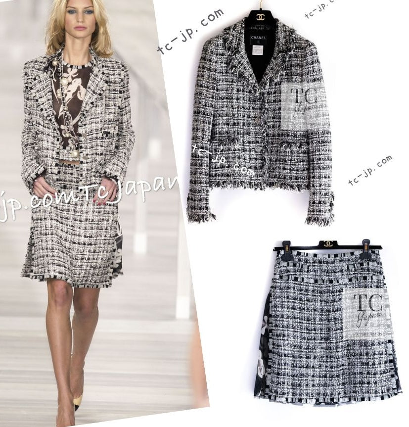 CHANEL 04S Black White Fringe Lesage Jacket Skirt Suit 38 シャネル ブラック ホワイト フリンジ ルサージュ ツイード ジャケット スカート スーツ 即発