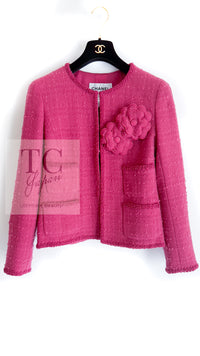 CHANEL 09A Coral Pink Boucle Wool Tweed Jacket 34 シャネル コーラル ピンク ブークレ ウール ツイード ジャケット 即発