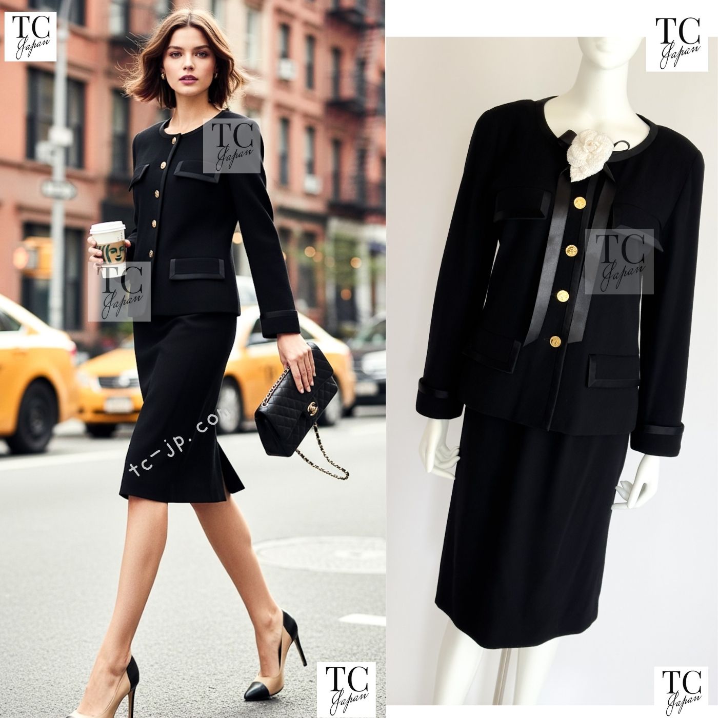 CHANEL 88A Vintage Black Wool Gold Buttons Jacket Skirt Suit 40 シャネル ヴィンテージ ブラック ウール ジャケット スカート スーツ 即発