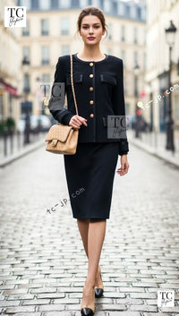 CHANEL 88A Vintage Black Wool Gold Buttons Jacket Skirt Suit 40 シャネル ヴィンテージ ブラック ウール ジャケット スカート スーツ 即発