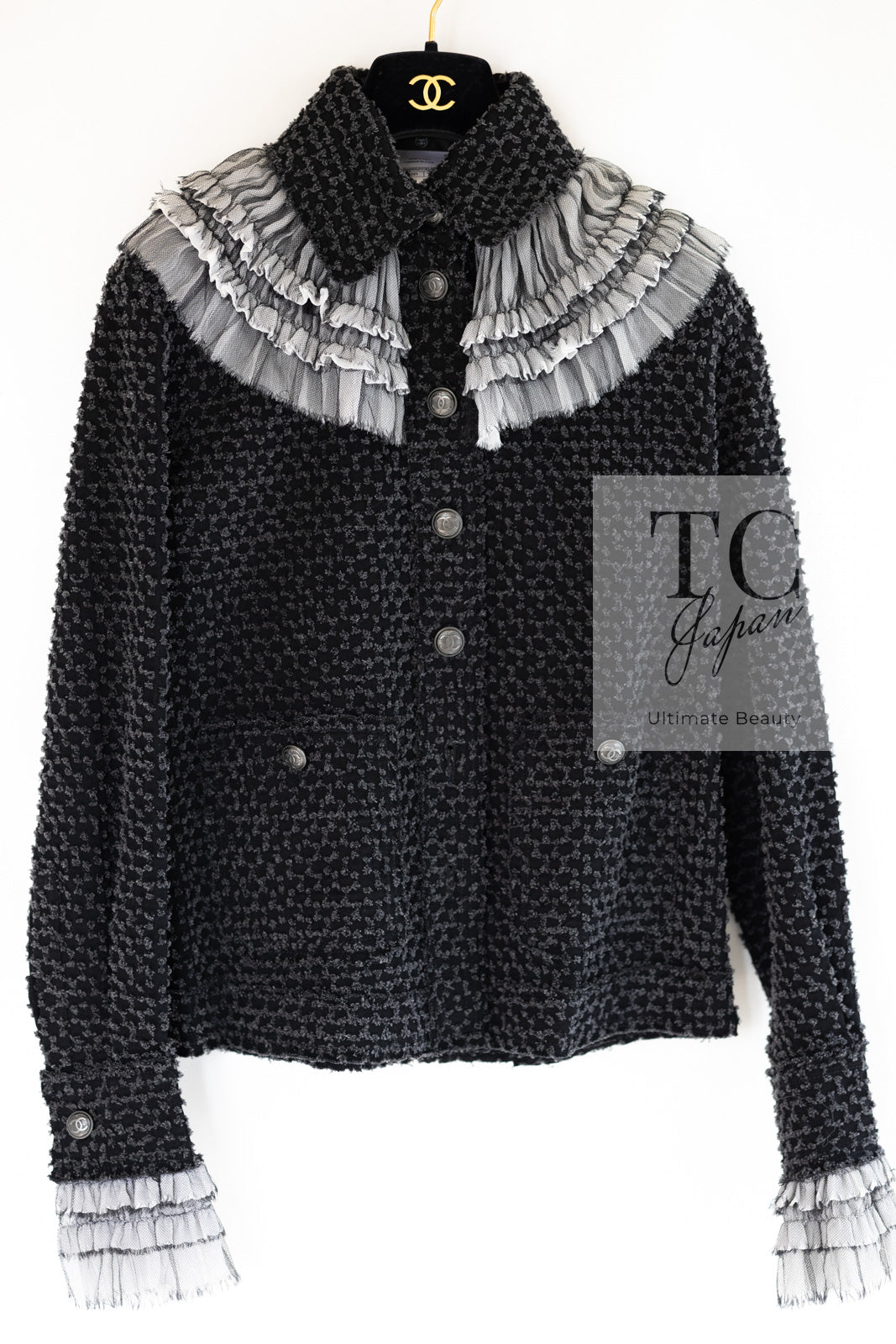 CHANEL 13B Charcoal Gray Black Ruffle Trim Jacket 38 シャネル チャコールグレー ブラック ラッフル トリム ジャケット 即発