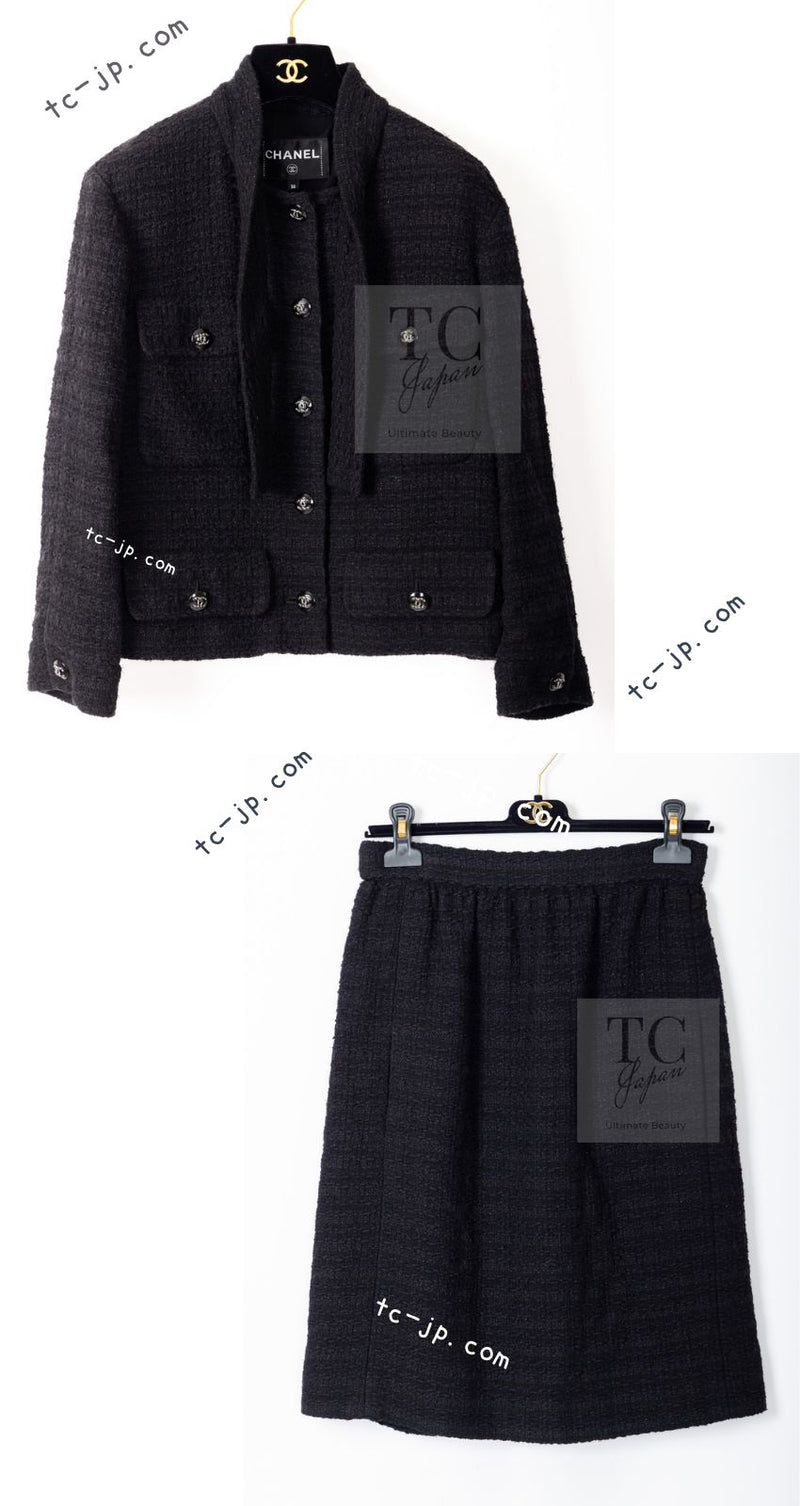 CHANEL 21C Black Bow CC Buttons Tweed Jacket Skirt Suit 38 シャネル ブラック リボン ココボタン ツイード ジャケット スカート スーツ 即発