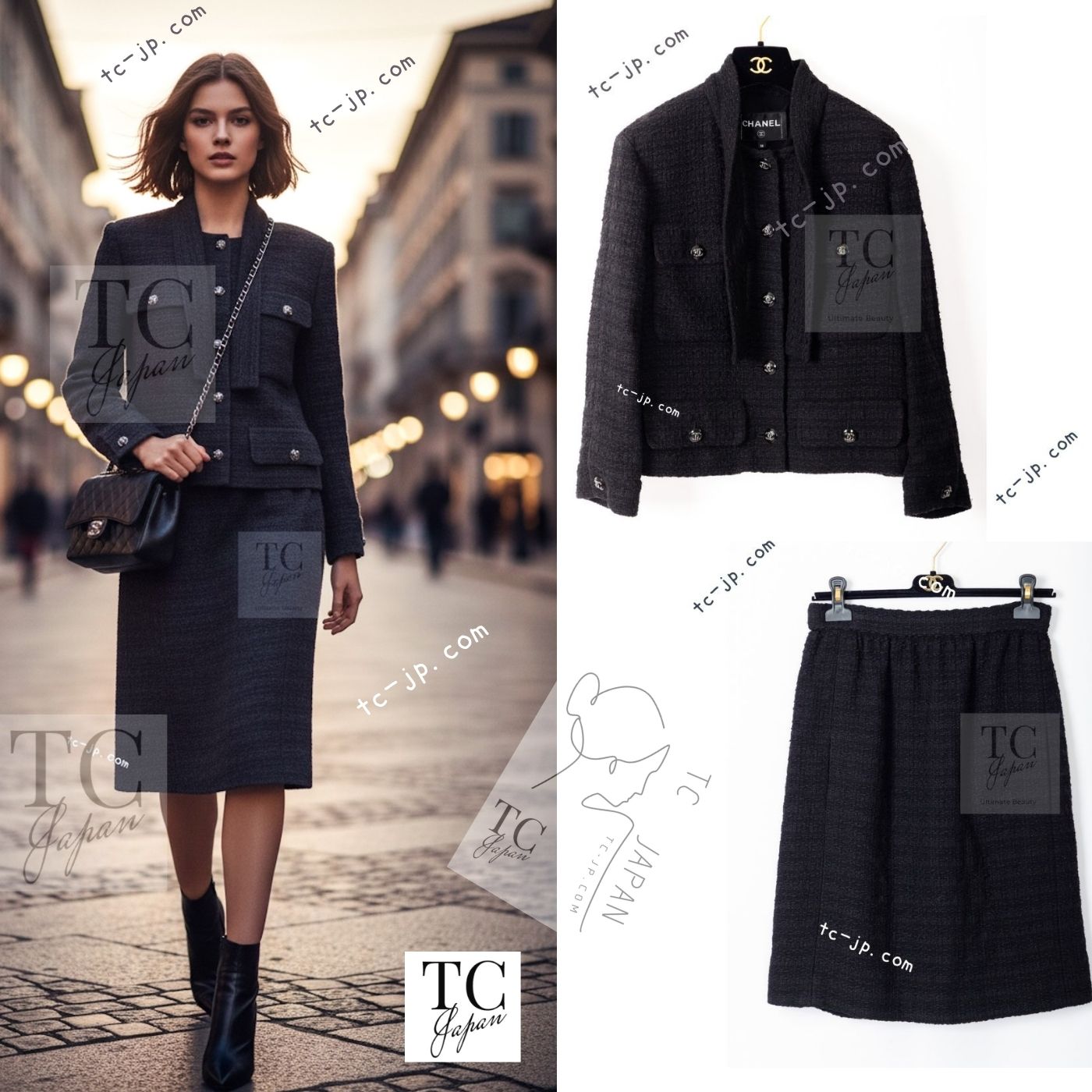 CHANEL 21C Black Bow CC Buttons Tweed Jacket Skirt Suit 38 シャネル ブラック リボン ココボタン ツイード ジャケット スカート スーツ 即発