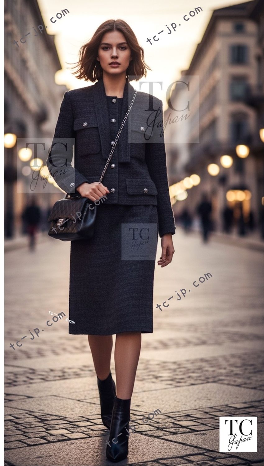 CHANEL 21C black bow tweed CC logo button women's suit 1