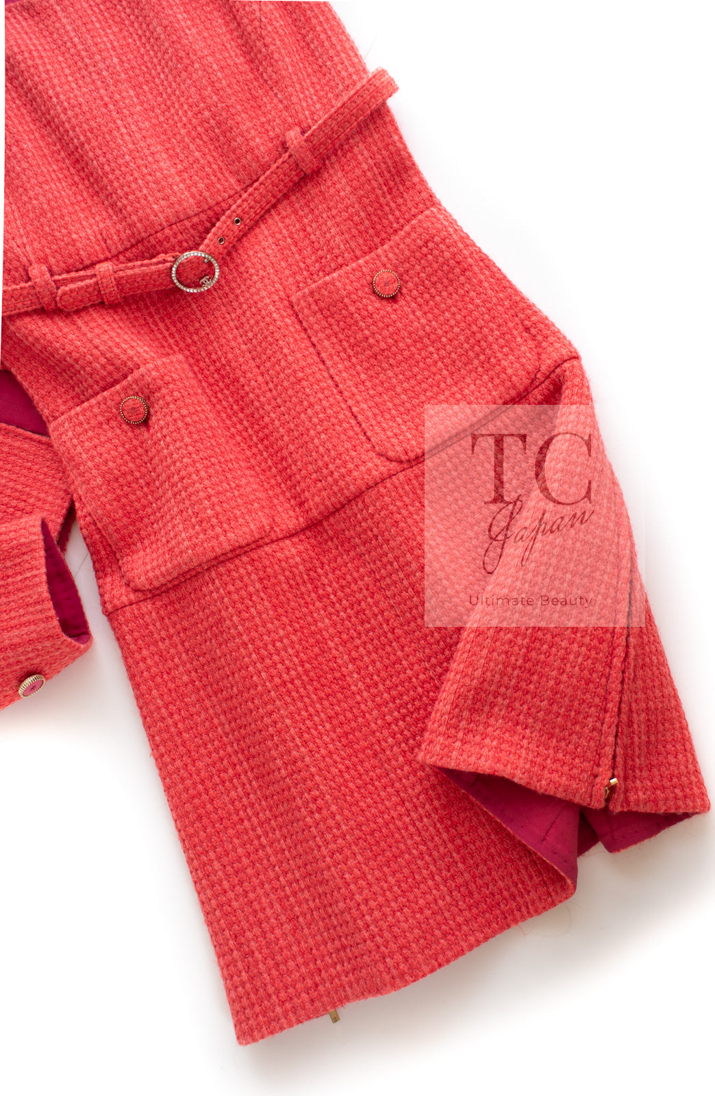 CHANEL 16A Coral Orange Red CC Logo Belt Tweed Sleeveless Dress 36 38 シャネル コーラル オレンジ レッド CCロゴ ベルト ノースリーブ ツイード ワンピース 即発