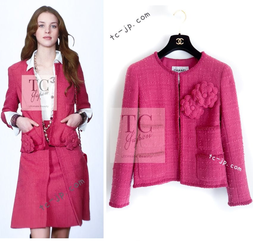 CHANEL 09A Coral Pink Boucle Wool Tweed Jacket 34 シャネル コーラル ピンク ブークレ ウール ツイード ジャケット 即発