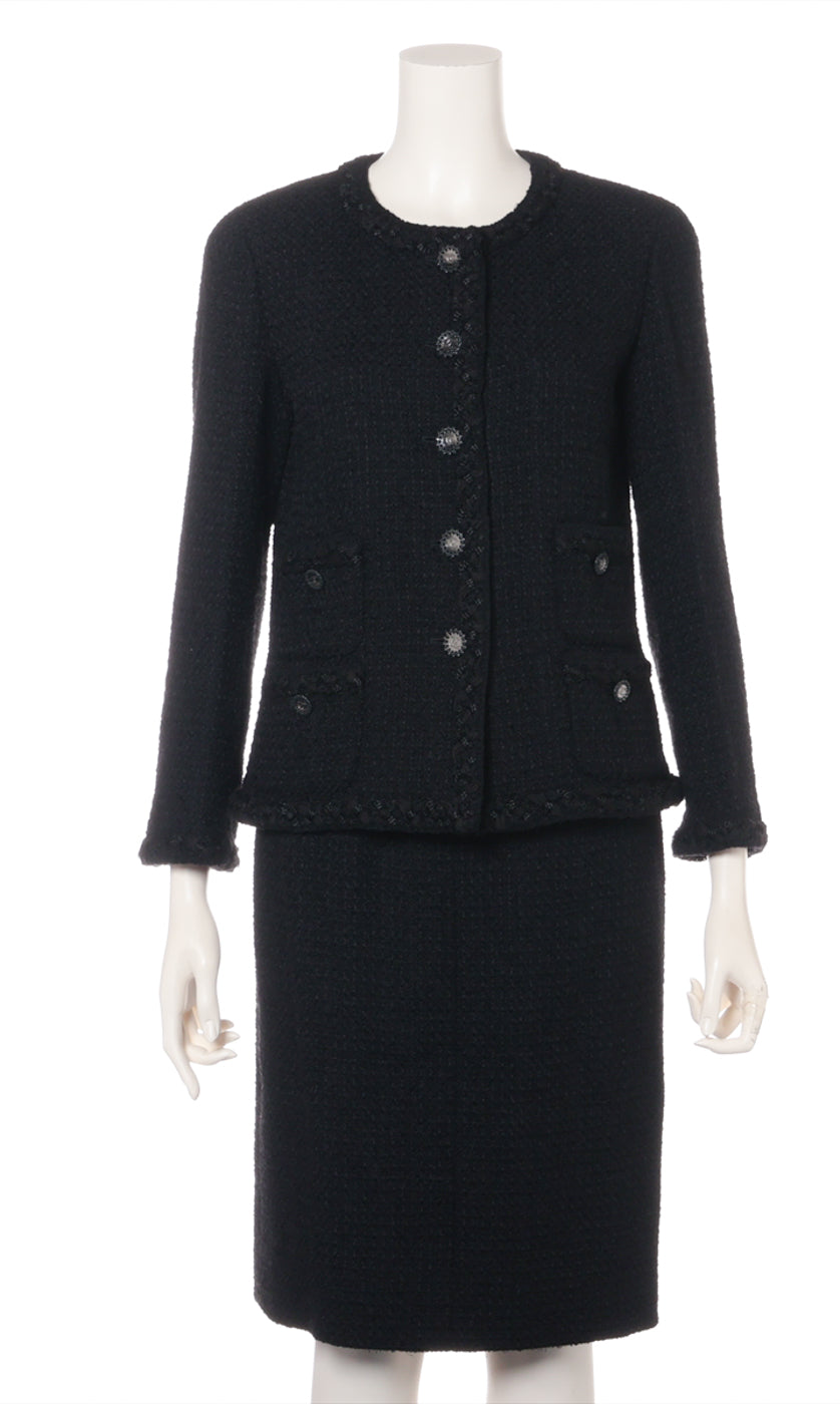CHANEL 11C Little Black Jacket Tweed Wool CC Button Skirt Suit 34 36 シャネル リトル ブラック ジャケット ツイード ウール ココボタン スカート スーツ 即発