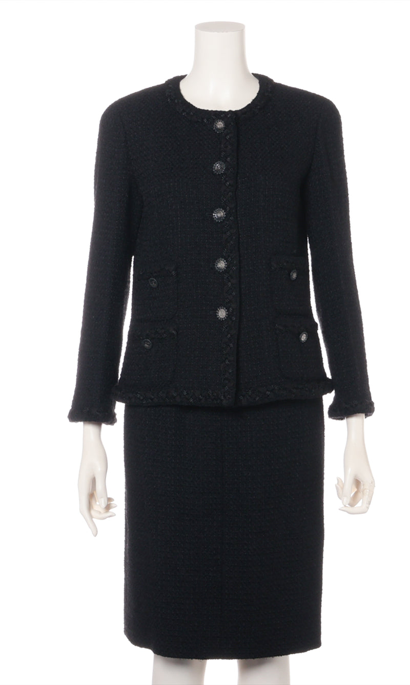 CHANEL 11C Little Black Jacket Tweed Wool CC Button Skirt Suit 34 36 シャネル リトル ブラック ジャケット ツイード ウール ココボタン スカート スーツ 即発