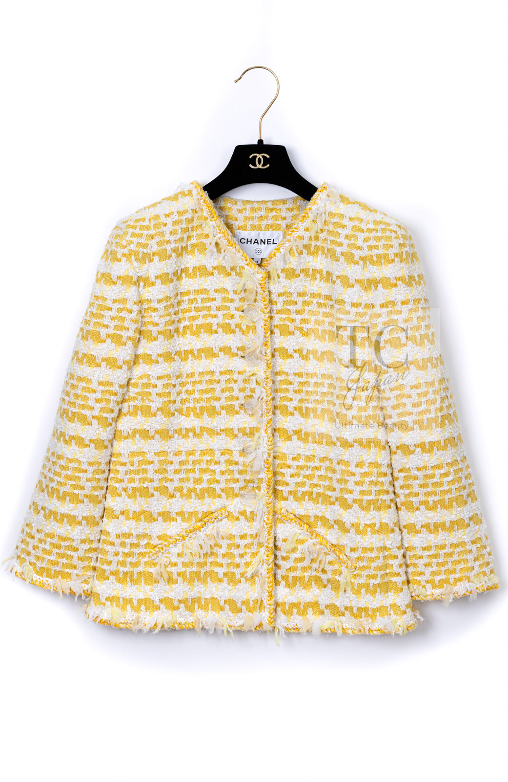 CHANEL 18S Yellow Ivory Cotton Wool Tweed Jacket Skirt Suit 38 シャネル イエロー アイボリー コットン ウール ツイード ジャケット スカート スーツ 即発