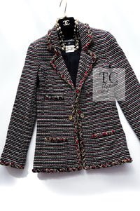 CHANEL 11C Black Border Multi Color Tweed Jacket Dress Setup 42 44 シャネル ブラック マルチカラー ストライプ ボーダー ツイード ジャケット ワンピース セットアップ 即発
