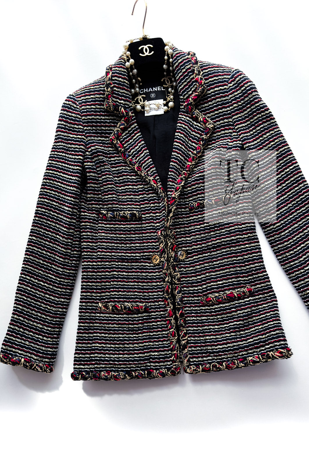 CHANEL 11C Black Border Multi Color Tweed Jacket Dress Setup 42 44 シャネル ブラック マルチカラー ストライプ ボーダー ツイード ジャケット ワンピース セットアップ 即発