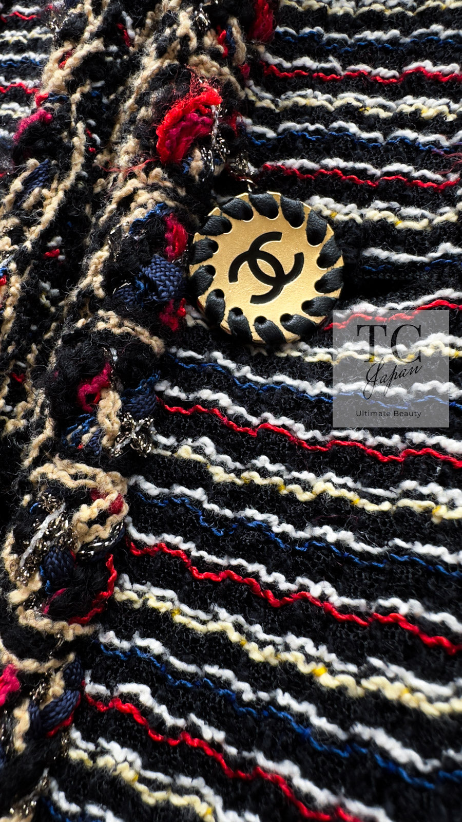 CHANEL 11C Black Border Multi Color Tweed Jacket Dress Setup 42 44 シャネル ブラック マルチカラー ストライプ ボーダー ツイード ジャケット ワンピース セットアップ 即発