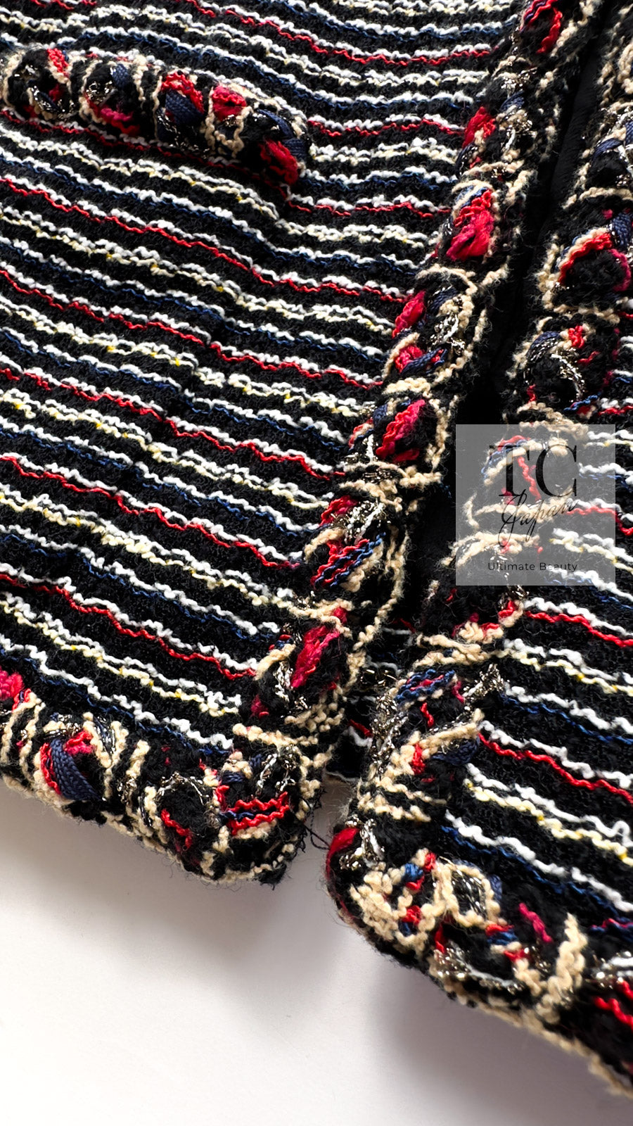 CHANEL 11C Black Border Multi Color Tweed Jacket Dress Setup 42 44 シャネル ブラック マルチカラー ストライプ ボーダー ツイード ジャケット ワンピース セットアップ 即発