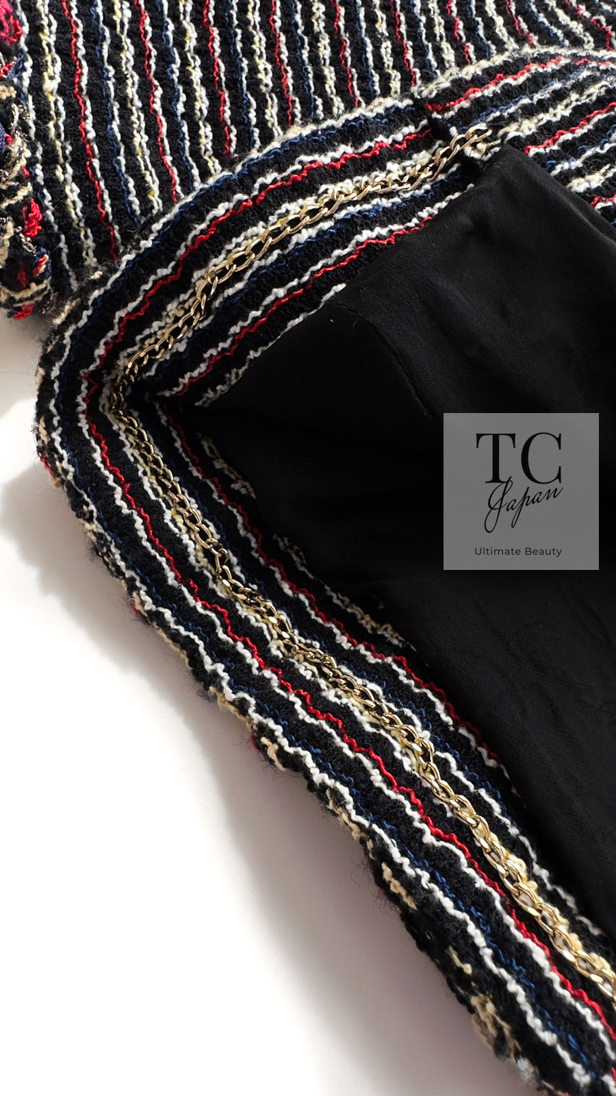 CHANEL 11C Black Border Multi Color Tweed Jacket Dress Setup 42 44 シャネル ブラック マルチカラー ストライプ ボーダー ツイード ジャケット ワンピース セットアップ 即発