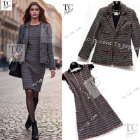 CHANEL 11C Black Border Multi Color Tweed Jacket Dress Setup 42 44 シャネル ブラック マルチカラー ストライプ ボーダー ツイード ジャケット ワンピース セットアップ 即発