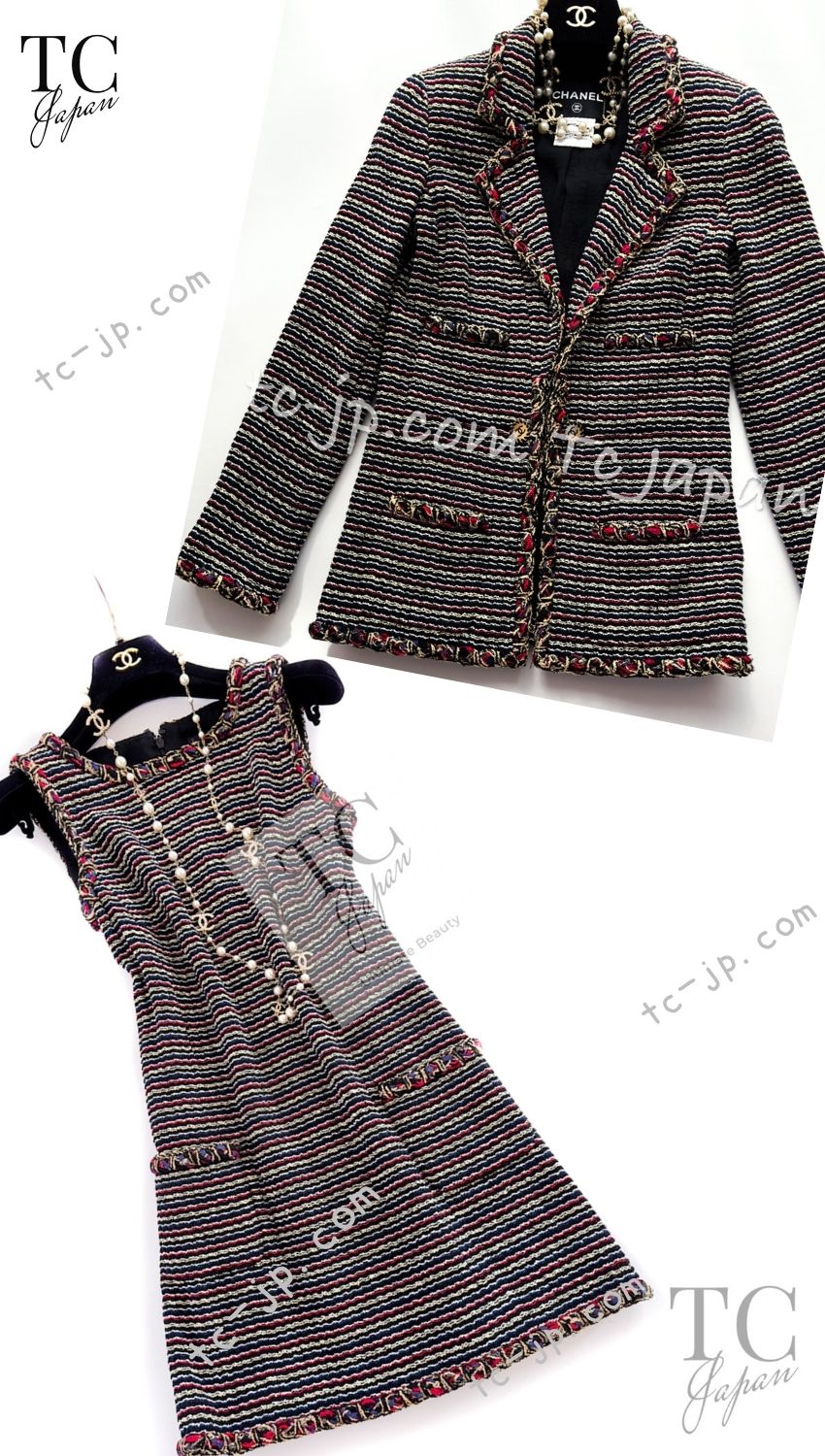CHANEL 11C Black Border Multi Color Tweed Jacket Dress Setup 42 44 シャネル ブラック マルチカラー ストライプ ボーダー ツイード ジャケット ワンピース セットアップ 即発