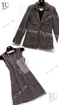 CHANEL 11C Black Border Multi Color Tweed Jacket Dress Setup 42 44 シャネル ブラック マルチカラー ストライプ ボーダー ツイード ジャケット ワンピース セットアップ 即発