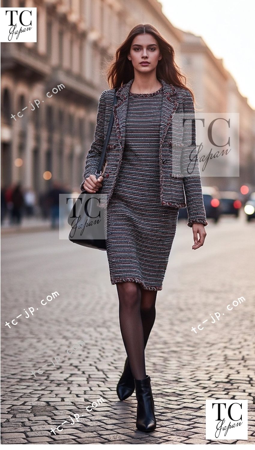 CHANEL 11C black border tweed setup multicolor jacket dress set 1