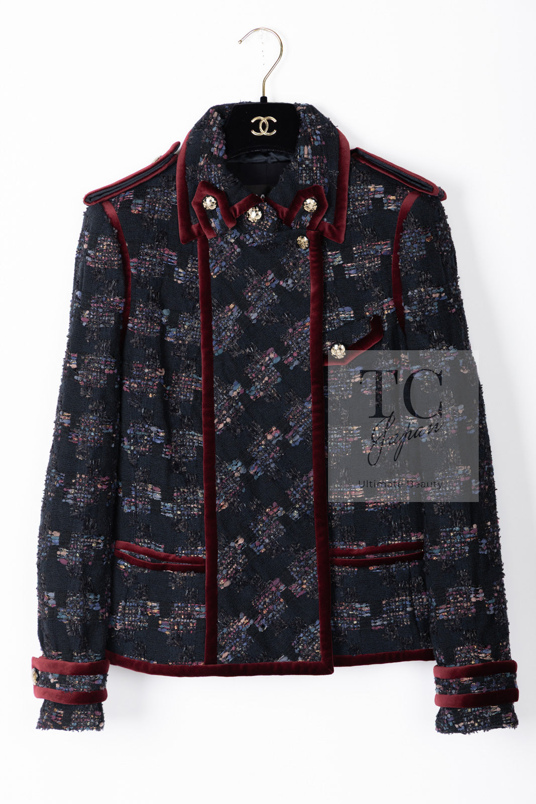 CHANEL 09PF Navy Velvet Satin Tweed Jacket Skirt Suit 40 42 シャネル ネイビー ベルベット サテン ジャケット スカート スーツ 即発