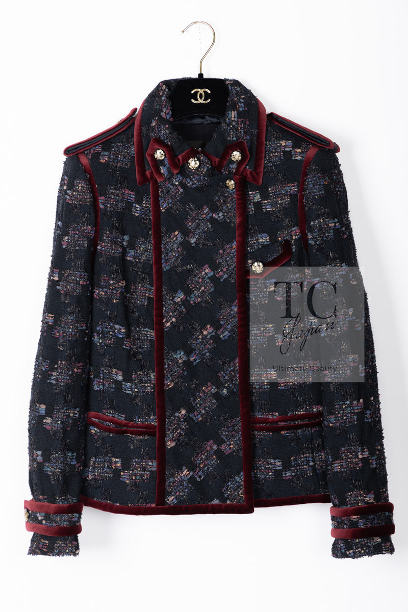 CHANEL 09PF Navy Velvet Satin Tweed Jacket Skirt Suit 40 42 シャネル ネイビー ベルベット サテン ジャケット スカート スーツ 即発