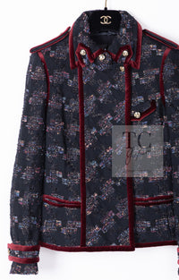 CHANEL 09PF Navy Velvet Satin Tweed Jacket Skirt Suit 40 42 シャネル ネイビー ベルベット サテン ジャケット スカート スーツ 即発