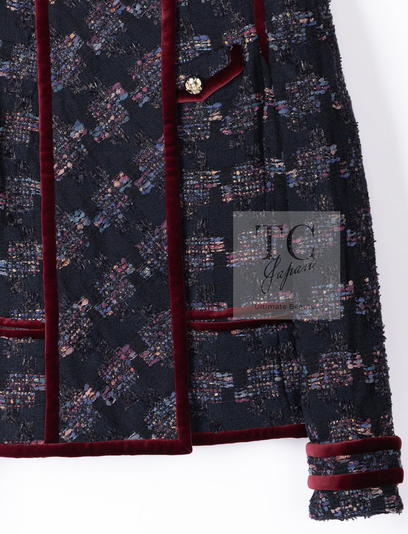 CHANEL 09PF Navy Velvet Satin Tweed Jacket Skirt Suit 40 42 シャネル ネイビー ベルベット サテン ジャケット スカート スーツ 即発
