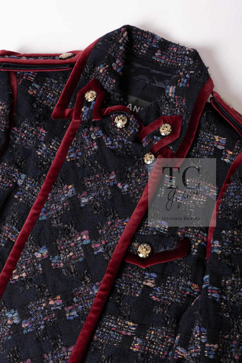 CHANEL 09PF Navy Velvet Satin Tweed Jacket Skirt Suit 40 42 シャネル ネイビー ベルベット サテン ジャケット スカート スーツ 即発