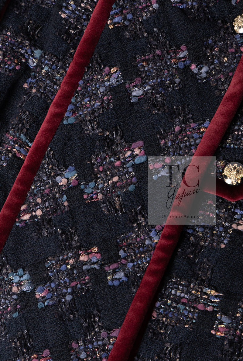 CHANEL 09PF Navy Velvet Satin Tweed Jacket Skirt Suit 40 42 シャネル ネイビー ベルベット サテン ジャケット スカート スーツ 即発