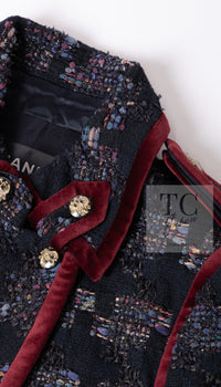 CHANEL 09PF Navy Velvet Satin Tweed Jacket Skirt Suit 40 42 シャネル ネイビー ベルベット サテン ジャケット スカート スーツ 即発