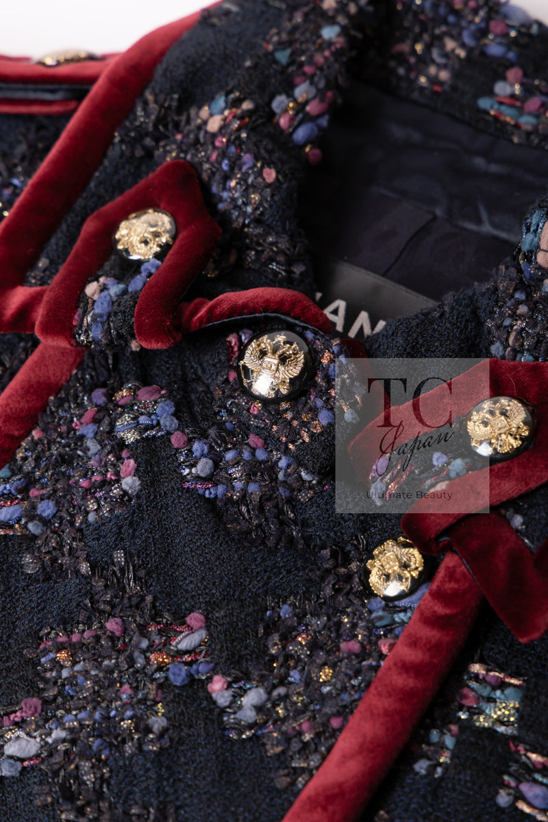 CHANEL 09PF Navy Velvet Satin Tweed Jacket Skirt Suit 40 42 シャネル ネイビー ベルベット サテン ジャケット スカート スーツ 即発