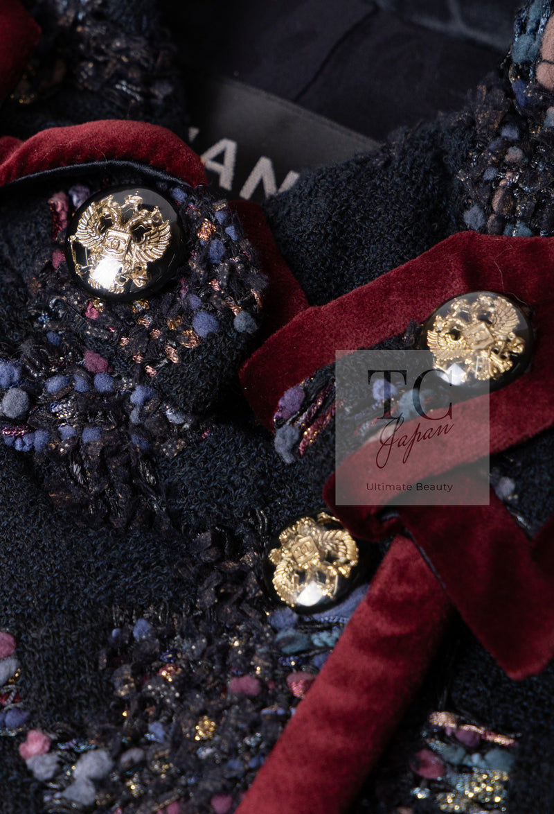 CHANEL 09PF Navy Velvet Satin Tweed Jacket Skirt Suit 40 42 シャネル ネイビー ベルベット サテン ジャケット スカート スーツ 即発