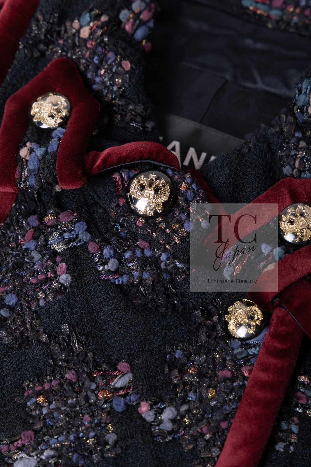 CHANEL 09PF Navy Velvet Satin Tweed Jacket Skirt Suit 40 42 シャネル ネイビー ベルベット サテン ジャケット スカート スーツ 即発