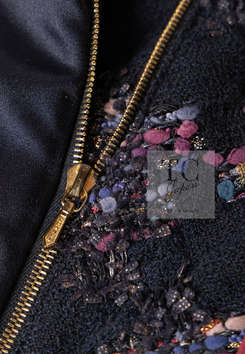 CHANEL 09PF Navy Velvet Satin Tweed Jacket Skirt Suit 40 42 シャネル ネイビー ベルベット サテン ジャケット スカート スーツ 即発