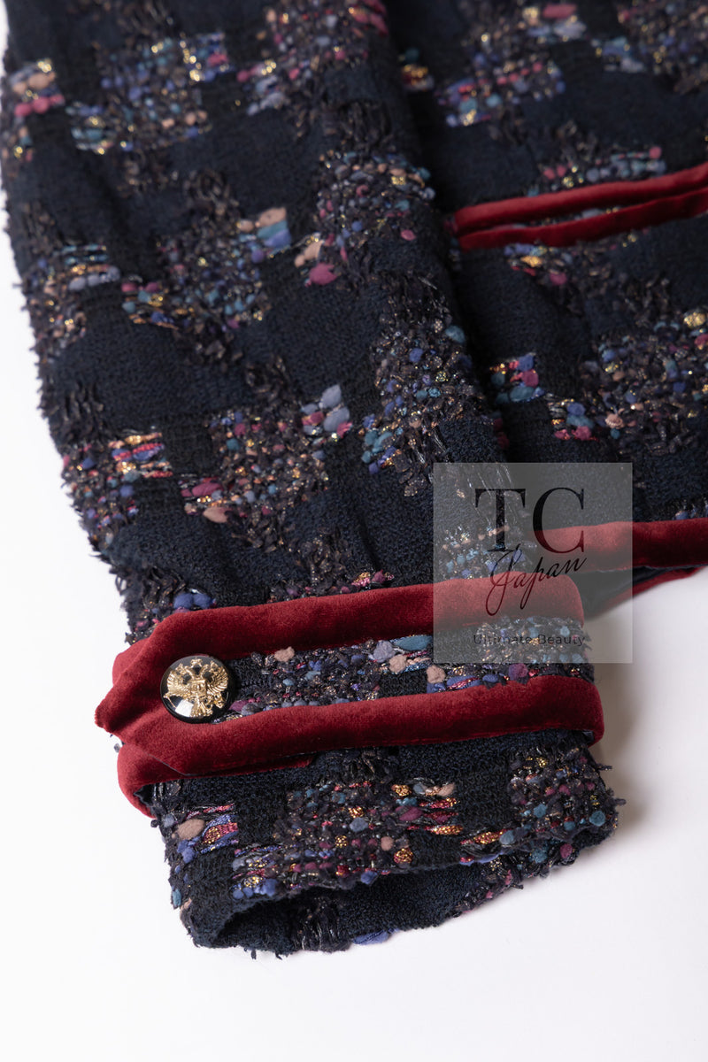 CHANEL 09PF Navy Velvet Satin Tweed Jacket Skirt Suit 40 42 シャネル ネイビー ベルベット サテン ジャケット スカート スーツ 即発