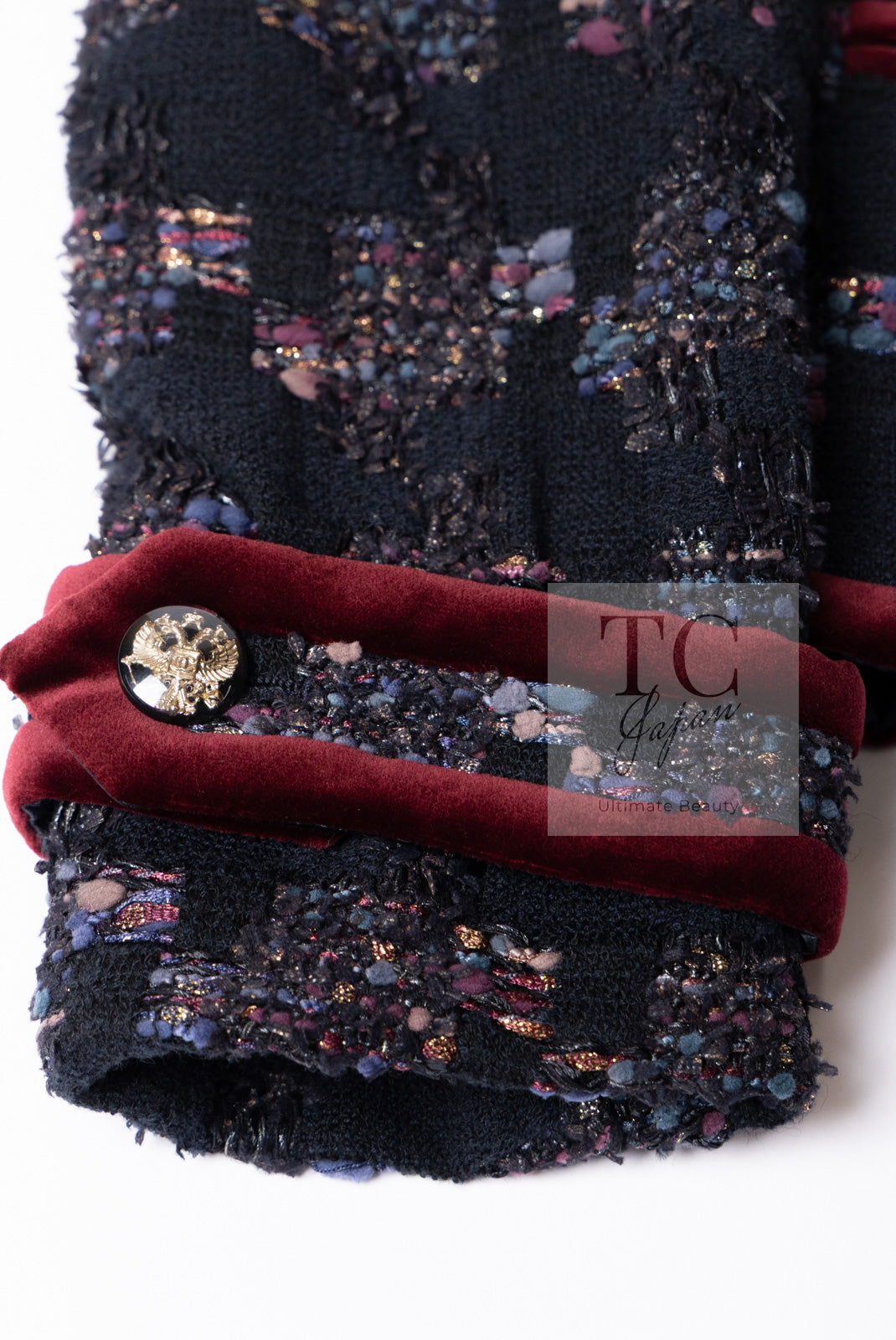 CHANEL 09PF Navy Velvet Satin Tweed Jacket Skirt Suit 40 42 シャネル ネイビー ベルベット サテン ジャケット スカート スーツ 即発