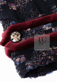 CHANEL 09PF Navy Velvet Satin Tweed Jacket Skirt Suit 40 42 シャネル ネイビー ベルベット サテン ジャケット スカート スーツ 即発