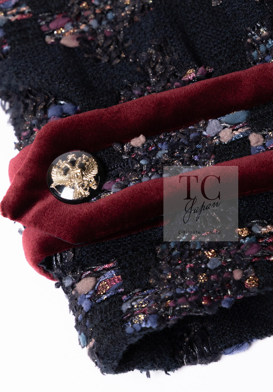 CHANEL 09PF Navy Velvet Satin Tweed Jacket Skirt Suit 40 42 シャネル ネイビー ベルベット サテン ジャケット スカート スーツ 即発