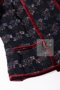 CHANEL 09PF Navy Velvet Satin Tweed Jacket Skirt Suit 40 42 シャネル ネイビー ベルベット サテン ジャケット スカート スーツ 即発