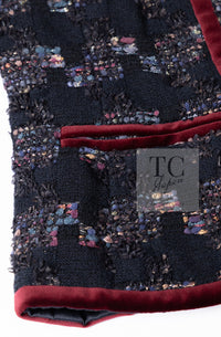 CHANEL 09PF Navy Velvet Satin Tweed Jacket Skirt Suit 40 42 シャネル ネイビー ベルベット サテン ジャケット スカート スーツ 即発