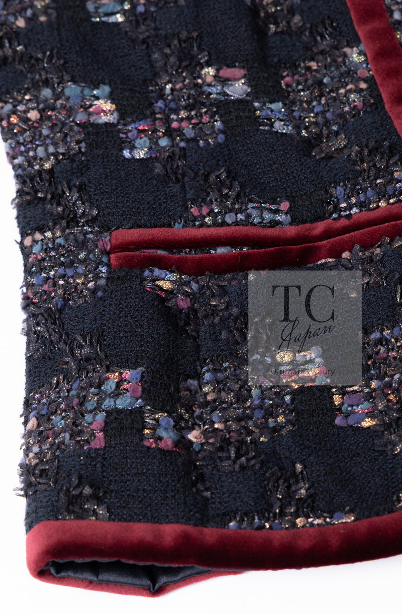 CHANEL 09PF Navy Velvet Satin Tweed Jacket Skirt Suit 40 42 シャネル ネイビー ベルベット サテン ジャケット スカート スーツ 即発