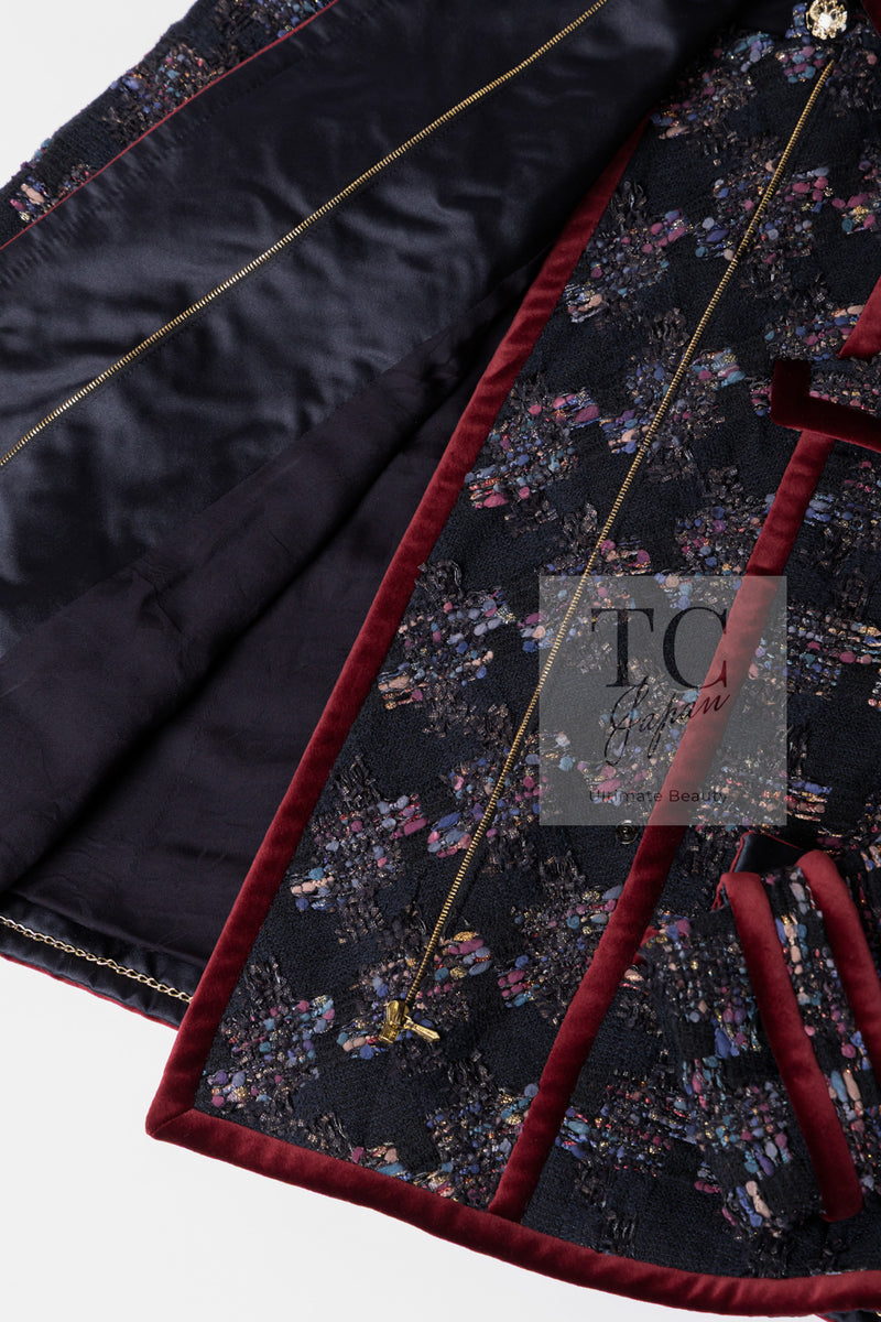 CHANEL 09PF Navy Velvet Satin Tweed Jacket Skirt Suit 40 42 シャネル ネイビー ベルベット サテン ジャケット スカート スーツ 即発