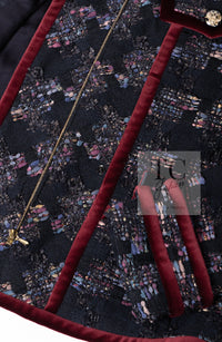 CHANEL 09PF Navy Velvet Satin Tweed Jacket Skirt Suit 40 42 シャネル ネイビー ベルベット サテン ジャケット スカート スーツ 即発